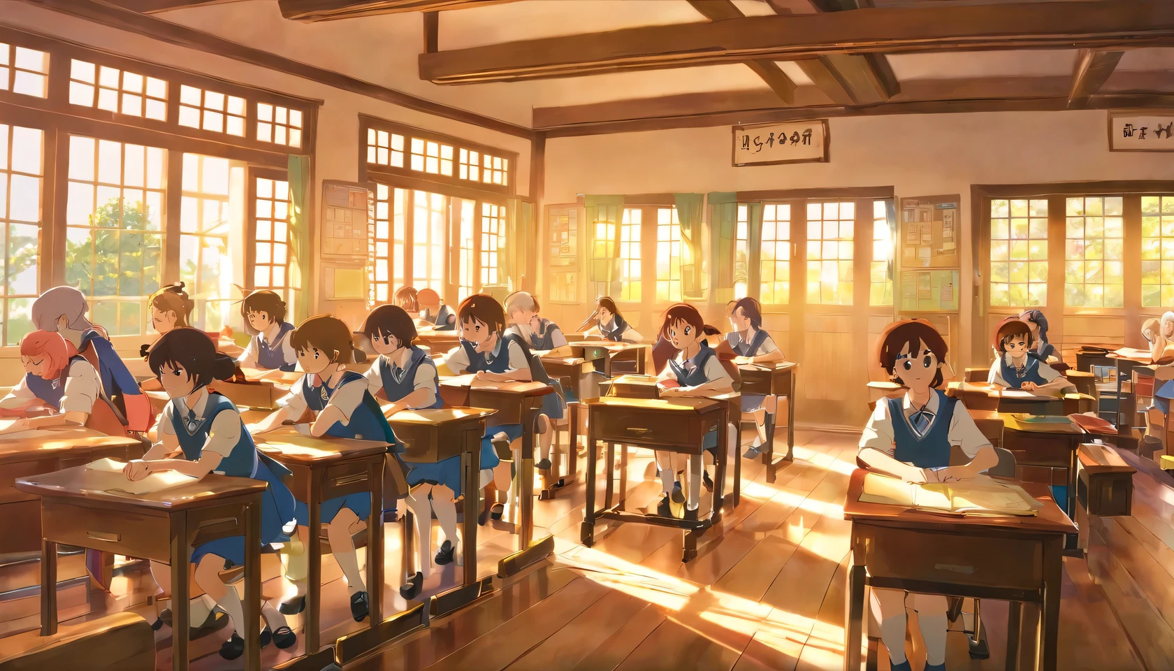 A Japanese classroom, with students sitting at their desks.The students are wearing school uniforms.The room is bright with natural light coming through large windows.
