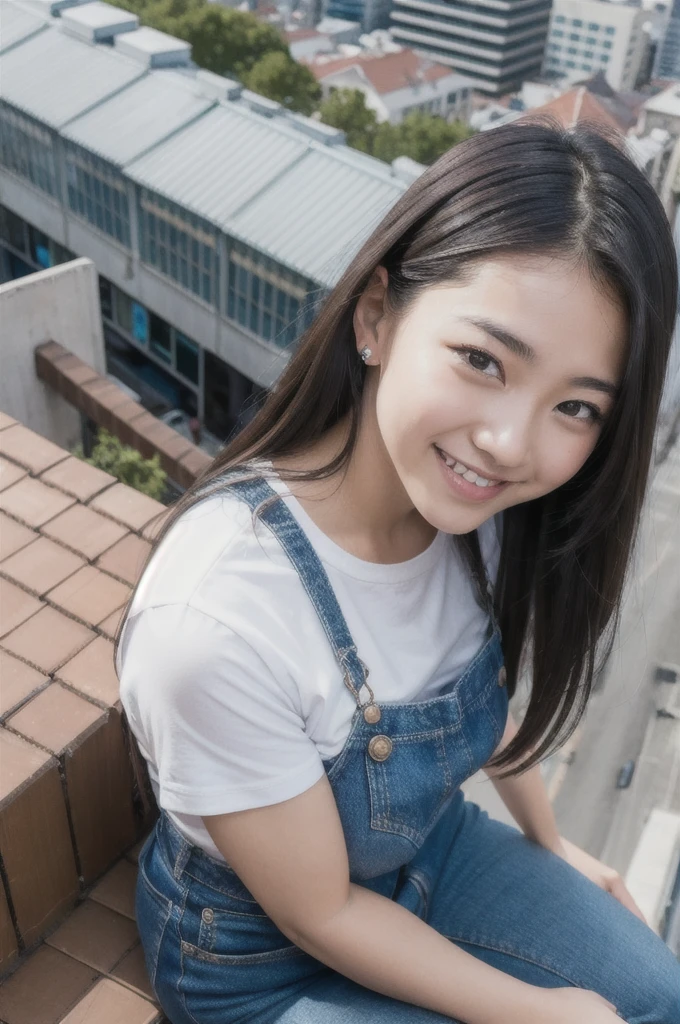 best quality, masterpiece, RAW photo,ultra-detailed,Korean 1girl ,looking at viewer, smile,rooftop, from above, city, casual,