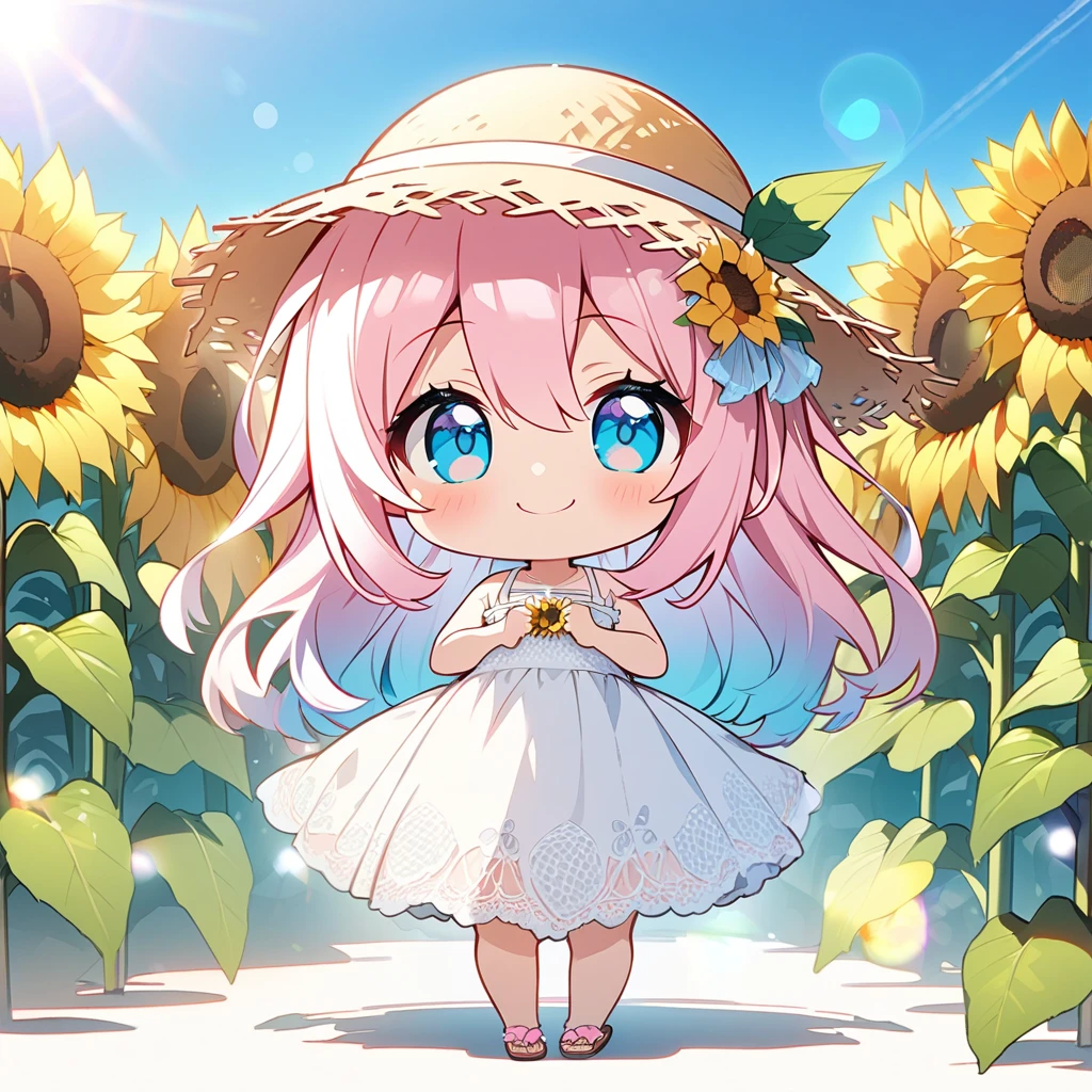 masterpiece, best quality, 4k、2D illustration, one beautiful girl, solo、(((chibi style)))、((vivid colors))、cute chibi, lovely chibi、((colorful))、cute pose, ((long beautiful hair)), glossy light pink hair, hair between eyes, cute, beautifully detailed eyes、((lacy white summer dress))、((straw hat))、((hibiscus hair ornament)), flip-flops, ((happy smile))、((full body shot))、((sunflower field))、((gentle breeze))、((blue sky))、sunbeam, white light, ((lens flare)), ((high color saturation)),