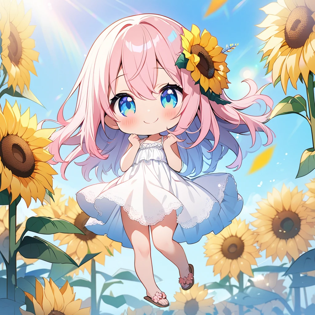 masterpiece, best quality, 4k、2D illustration, one beautiful girl, solo、(((chibi style)))、((vivid colors))、cute chibi, lovely chibi、((colorful))、cute pose, ((long beautiful hair)), glossy light pink hair, hair between eyes, cute, beautifully detailed eyes、((lacy white summer dress))、((straw hat))、((hibiscus hair ornament)), flip-flops, ((happy smile))、((full body shot))、((sunflower field))、((gentle breeze))、((blue sky))、sunbeam, white light, ((lens flare)), ((high color saturation)),