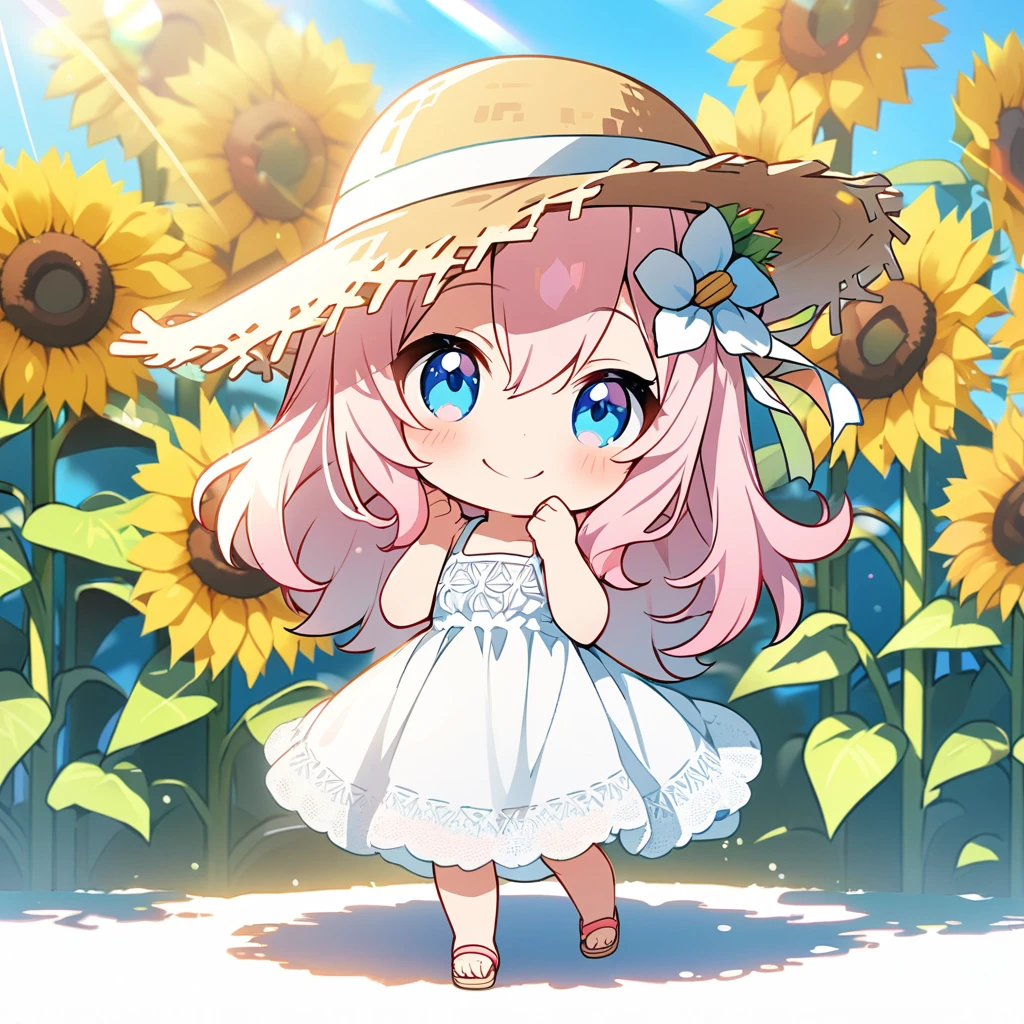 masterpiece, best quality, 4k、2D illustration, one beautiful girl, solo、(((chibi style)))、((vivid colors))、cute chibi, lovely chibi、((colorful))、cute pose, ((long beautiful hair)), glossy light pink hair, hair between eyes, cute, beautifully detailed eyes、((lacy white summer dress))、((straw hat))、((hibiscus hair ornament)), flip-flops, ((happy smile))、((full body shot))、((sunflower field))、((gentle breeze))、((blue sky))、sunbeam, white light, ((lens flare)), ((high color saturation)),