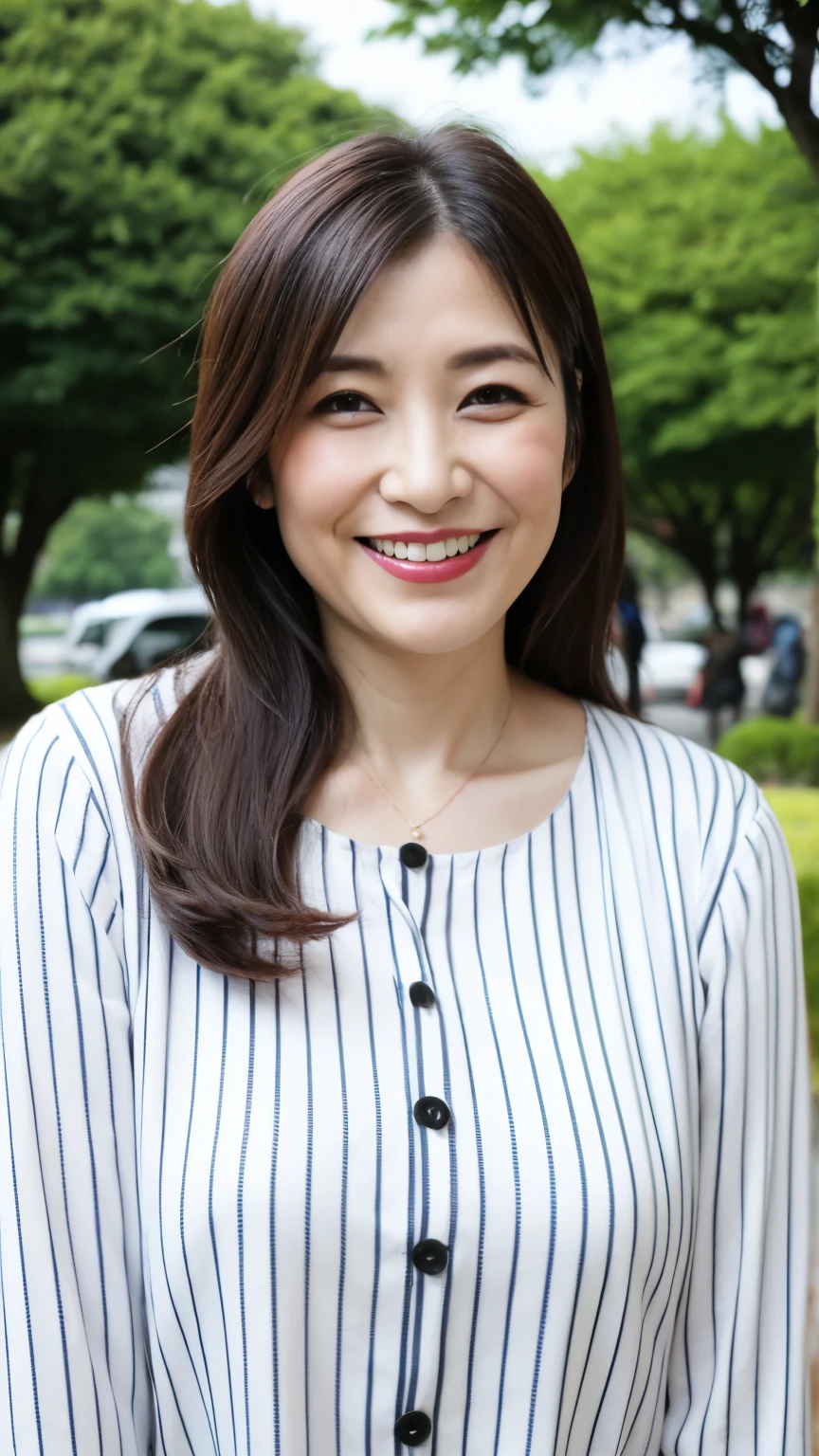 Standing in the park, Wrinkles around the eyes, Smiling with teeth showing, Plain short-sleeved clothing, senior citizen, Draw lips correctly, Red lipstick, No discomfort, 16K, Highest quality, Very detailed, Realistic, Very detailed肌, (Japanese), (alone), 100 years old, Large Breasts, , Glamour, sexy, Chromo White Skin, Staring straight ahead,