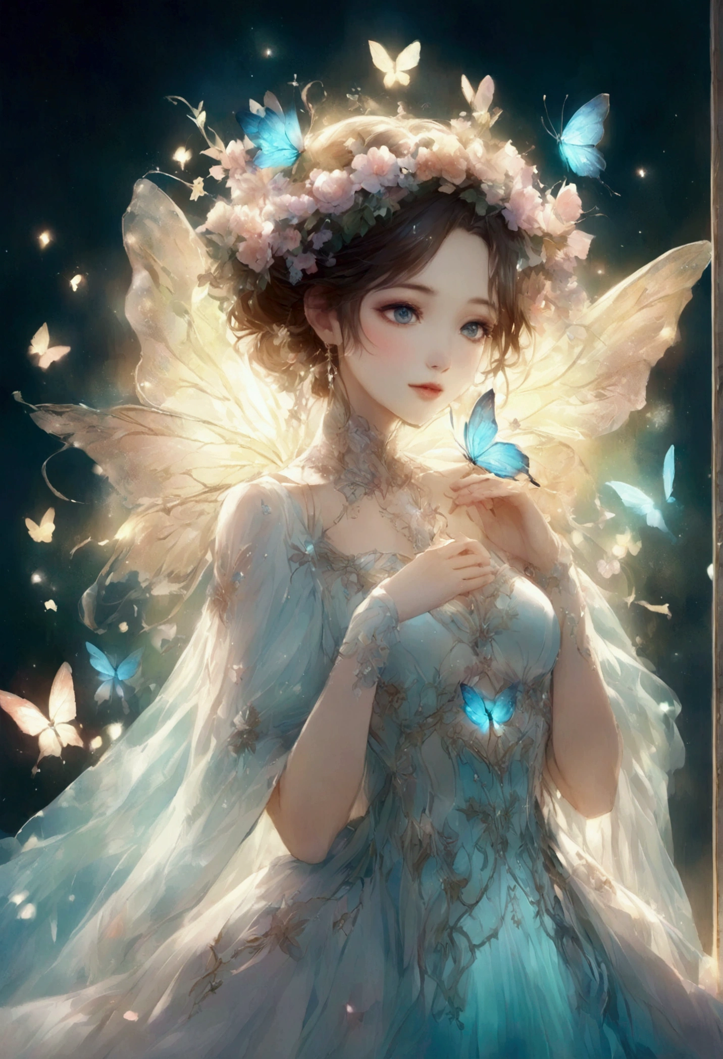 Create an anime-style digital illustration of a young woman。pastel colour,She sparkles in the reflected light、She should be wearing a white loose dress.。Background、The pale pink and blue colors are fantastic.、It creates a dreamlike atmosphere。To enhance the magical atmosphere of the scene、Includes elements such as delicately glowing butterflies and sparkling light effects.。Lighting highlights the character's features、Adds a soft glow to the surroundings, creating a calm and enchanting atmosphere.。.bioluminescent dress