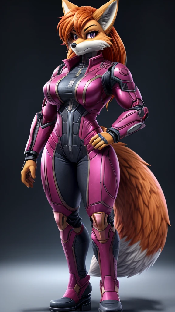 Skye from Paw Patrol, as a female fox, anthro, mature adult, long flowy orange hair, magenta iris, tall, muscular, curvy, steel battle suit, standing, serious, detailed, solo, beautiful, high quality, clear background, precise, anime style, 4K