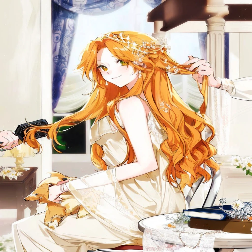 Anime girl with long red hair sitting at a table with a dog, she has long orange hair, Anime girl with long hair, loose orange hair, Beautiful anime art style, beautiful anime style, she has long red hair orange-brown, blonde Anime girl with long hair, long shiny ethereal hair, loose red hair, ((a beautiful fantasy empress)), I will also make fanart.