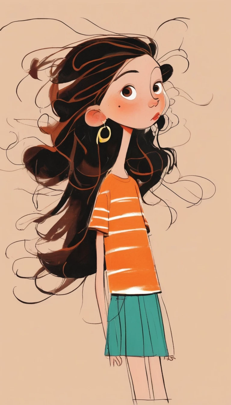 (((Exaggerated digital character sketches:1.37，Matchstick Men，Healing stick figures，Artists from the stars))).(1 Girl，big eyes，Pointed nose，Exaggerated expression，Striped T-shirt，Strap skirt)，(Black sketch lines，Loose brushstrokes create the outline， Bright colors and simplified lines, sketch)。(Exaggerated body movements),