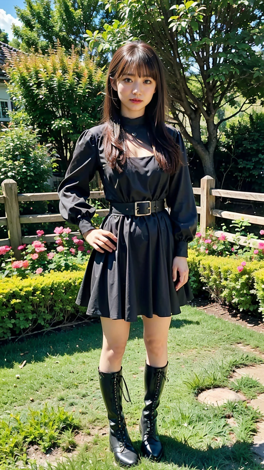 (8k、RAW Photos、Highest quality、masterpiece:1.2)、(Realistic、Realistic)、1 Girl、((Black tight dress、boots、garden、View from the front、Looking at the camera、belt、Hands on your hips))、cute