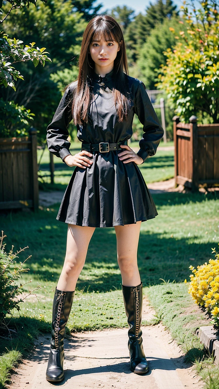 (8k、RAW Photos、Highest quality、masterpiece:1.2)、(Realistic、Realistic)、1 Girl、((Black tight dress、boots、garden、View from the front、Looking at the camera、belt、Hands on your hips))、cute