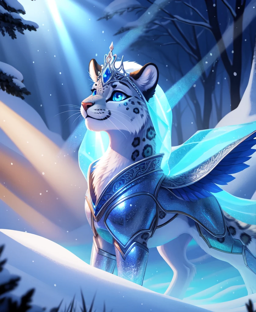 anthro Female adult quadrupedal feral snow leopard with blue eyes wearing blue and silver armor and a tiara in a snowy forest with ice magic. full body (smile), (glow, god rays, ethereal, dreamy, heavenly, otherworldly, dream-like, breathtaking, captivating, divine) illustration, hand-drawn, bold linework, anthro illustration, cel shaded, 4k, fine details, masterpiece