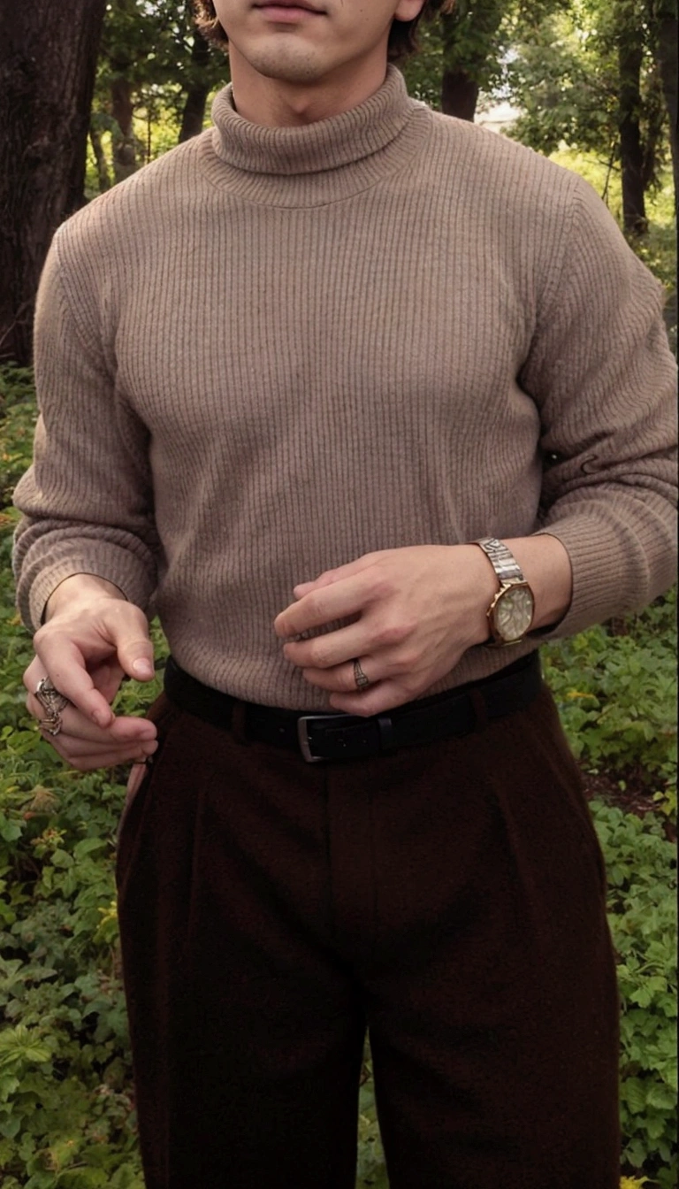 trimmed man in turtleneck sweater and brown pants, he is wearing a brown sweater, dressed in 1970s men's clothing, style of anton fadeev, brown sweater, wearing casual sweater, andrei riabovitchevy, style from greg rutkowski, wearing turtleneck, highly aesthetic, wearing a sweater, leaked image, Kim Namjoon BTS, bts Namjoon