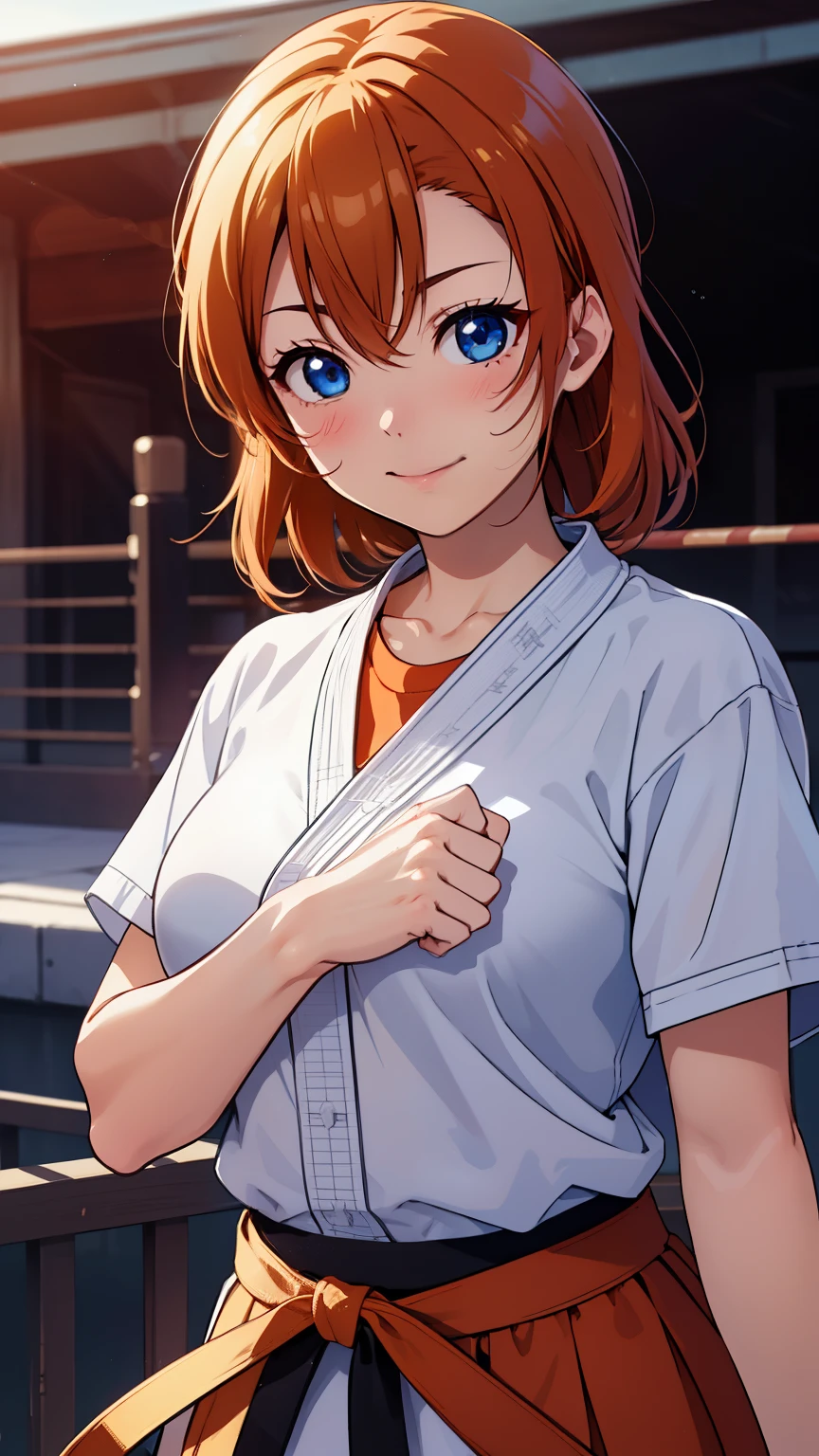 (masterpiece, 最high quality, high quality), Upper Body,Volumetric lighting, figure, beautiful, Perfect lighting, Perfect Shadow, (Nice views:1.1), Blushing, In-person audience, Are standing,Honoka Kousaka, blue eyes, Orange Hair,Empty-handed,White Karate Custom, Big Breasts, sweating, smile、Straight punch、In-person audienceにStraight punch、Raise your fist towards the audience、Serious、Desperate