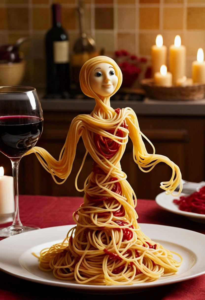 Create a whimsical and artistic scene featuring a single human-like figure made entirely of spaghetti. This figure should appear to be dancing gracefully on a plate. The background should depict a cozy kitchen setting with warm, ambient lighting, creating a romantic and intimate atmosphere. Include elements such as a glass of red wine and a beautifully set table to enhance the mood.