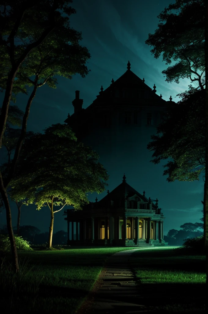 "A mysterious mansion standing alone at night, with the shadows of a jungle in front of it