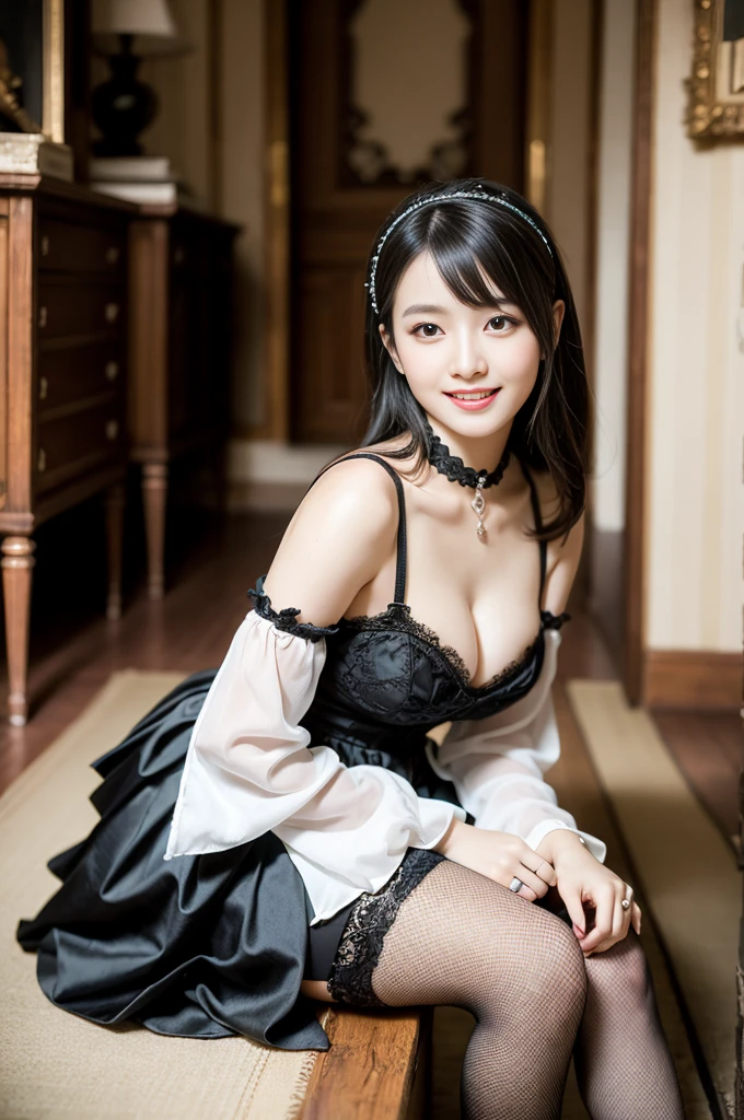 (Only one person), Pure Japanese young girl, outstanding body, wearing white gothic ta style dress and accessories, stockings, high heels, vivid makeup and lips, thick eyebrows, arranged hair styles, sweet smile, sitting in antique gothic style interior, summer afternoon, pop atmosphere, dazzle me, professional photography,