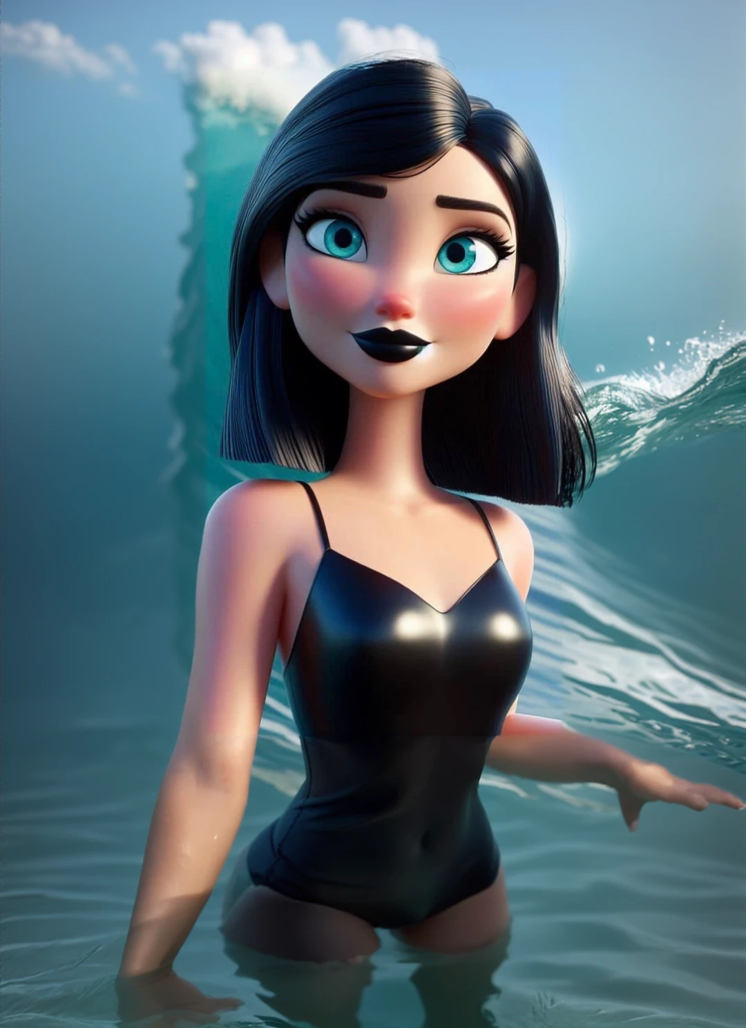 A pretty woman, clear skin, blue eyes, black lipstick, short black straight hair, black bikini. He is in the sea swimming on top of a wave in the water