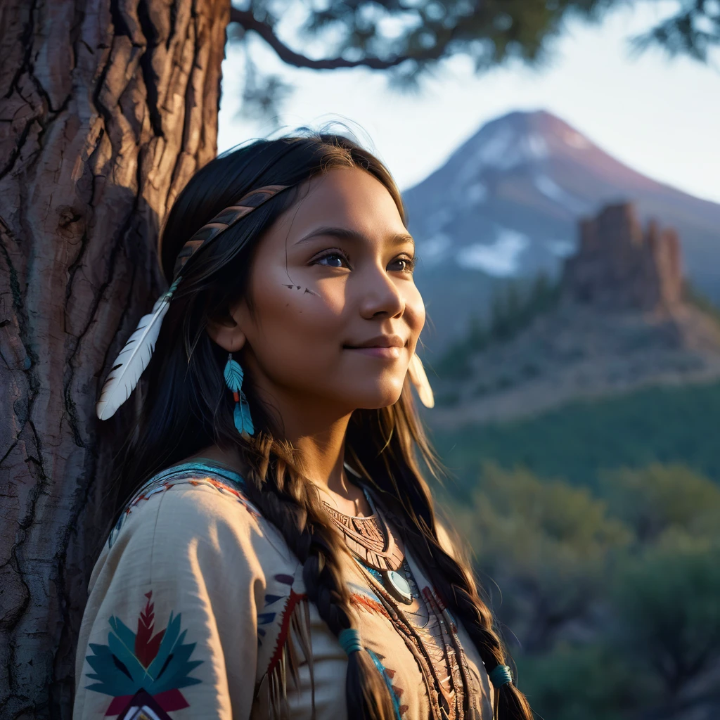 (grainy:0.5), cinematic, beautiful girl,native american,fantasy,(solo:1.3), detailed eyes, detailed face, detailed native american clothing , volumetric lighting, dusk, extremely detailed background, standing next to tree and mountain, smiling, half closed eyes, tilted head, from side