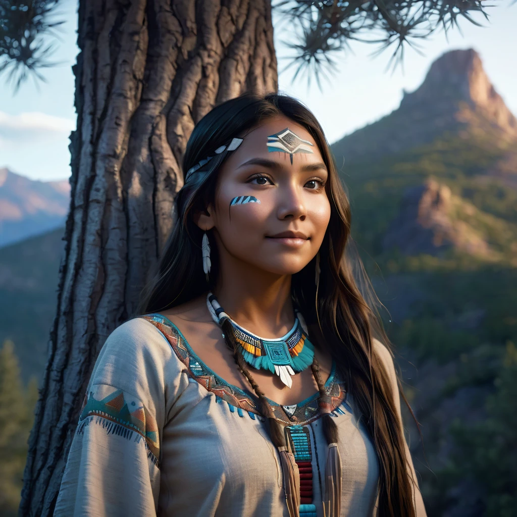 (grainy:0.5), cinematic, beautiful girl,native american,fantasy,(solo:1.3), detailed eyes, detailed face, detailed native american clothing , volumetric lighting, dusk, extremely detailed background, standing next to tree and mountain, smiling, half closed eyes, tilted head, from side