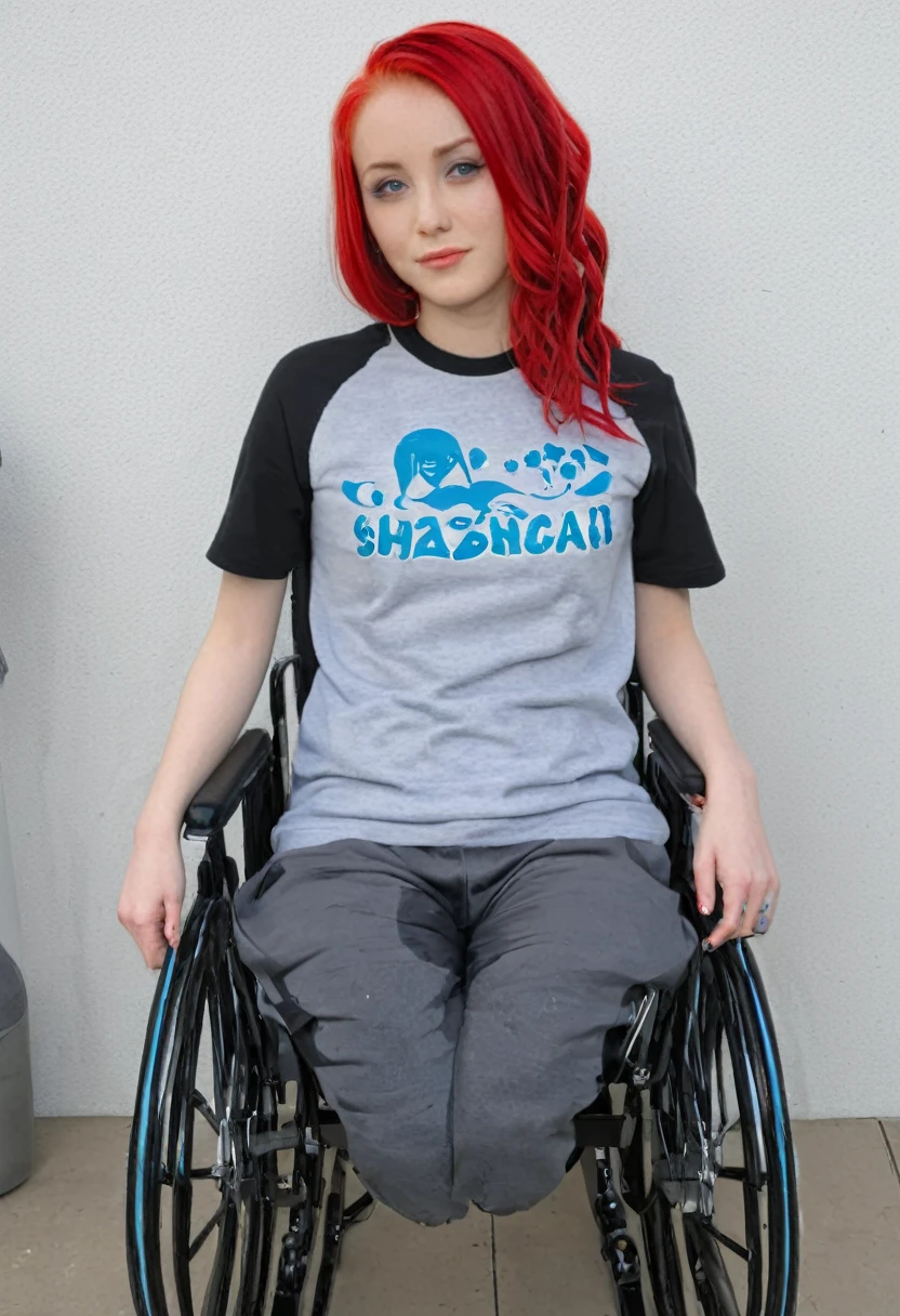 Uhd, photo of Cami, subject: Noriko, 1/2 Japanese 1/2 Hainu skinny girl in 2/00 a large wheelchair with long red hair, blue+++ eyes, oval face, LGBTQIA+, queer, punk style, wearing grey tracksuit treasures and black t-shirt, tattooes. She is washing her hair at the hairdresser's, shampoo foam.