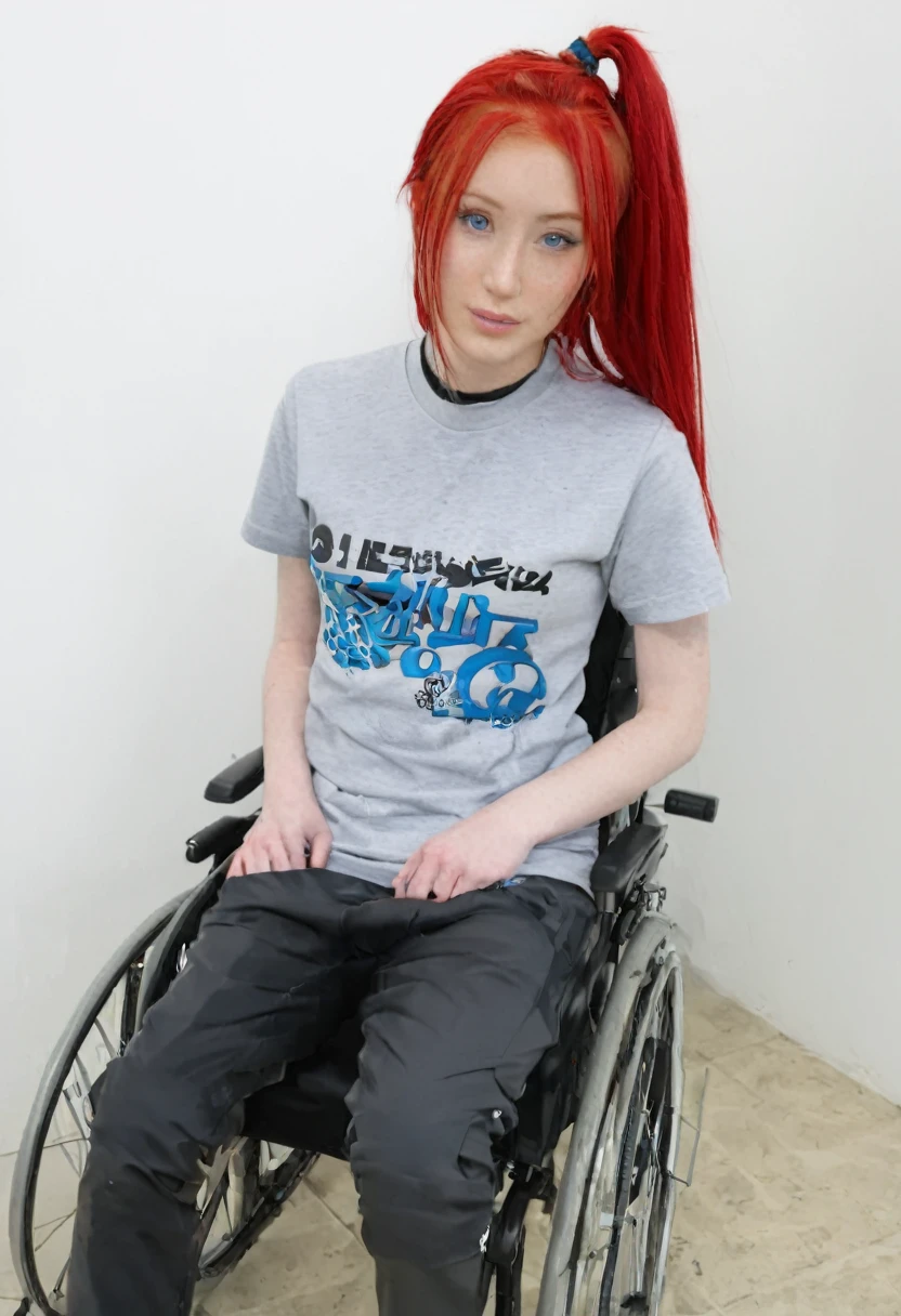 Uhd, photo of Cami, subject: Noriko, 1/2 Japanese 1/2 Hainu skinny girl in 2/00 a large wheelchair with long red hair, blue+++ eyes, oval face, LGBTQIA+, queer, punk style, wearing grey tracksuit treasures and black t-shirt, tattooes. She is washing her hair at the hairdresser's, shampoo foam.