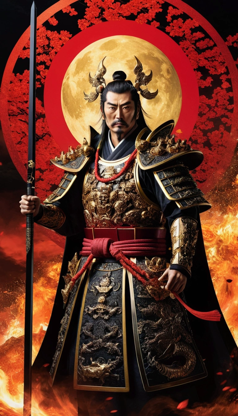 Oda Nobunaga depicted as the 'Demon King of the Sixth Heaven,' with a dark, powerful aura, surrounded by mystical elements, an otherworldly presence.