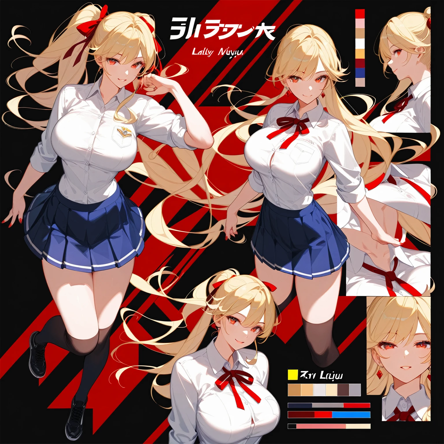 Highest quality, Ultra-detailed CG Unity 8k Wallpaper, Beautiful details、Large Breasts、Blonde、T-pose、White Shirt、mini skirt、Red ribbon、Lady、Slanted Eyes,3Area view、((Character design sheet, (front, side, back face))、Video Game Character Design