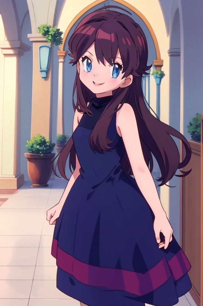 (masterpiece, best quality), intricate details, 1girl, green (pokemon), brown hair, blue eyes, looking at viewers, standing up straight, sleeveless black dress, smile, indoor, pokemovies
