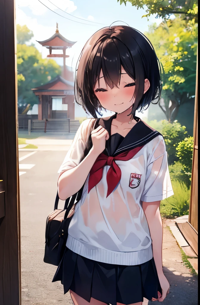 shrine,smile,Are standing,Place your hands behind your back,close your eyes,high school girl,short hair,boyish,Black Hair,blush,summer制服,mini skirt,White skin,summer,shy,Cowboy Shot,View your viewers,Sweaty,Wet,