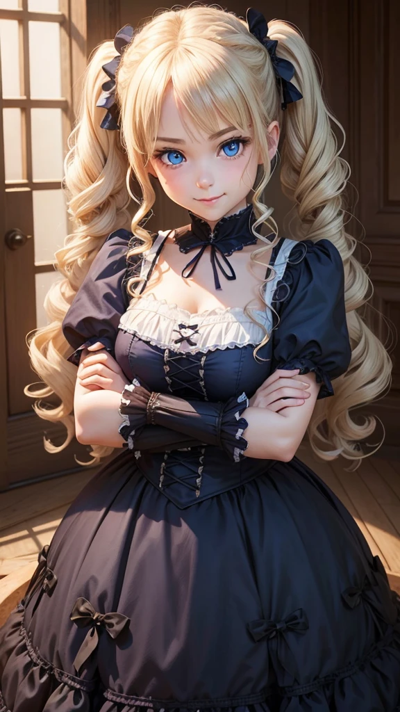 (8K、Top image quality、top-quality、masterpiece)、1 girl((Lori))、((Blonde curly hair twin tails))、highest quality、Realistic、Women、zoom、cute、Blue eyes、blonde curly hair、Twin tails、Gothic Lolita、Glare、Looking down、smile、Bust Shot、Arms crossed、