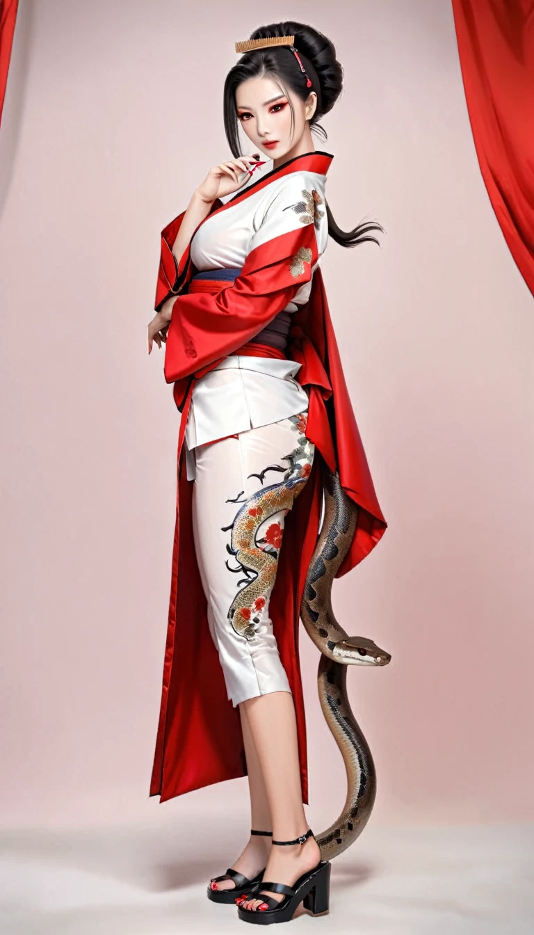 (masterpiece), best quality, expressive eyes, perfect face, HD, Benisato, kunoichi, snakes tattooed, She is a tall and matured woman with a slender curvaceous build with long legs and arms, Although a ninja herself, Benisato has the appearance of a beautiful and seductive geisha, She has porcelain skin and long dark hair tied back in a coif with a hairpin and traditional comb, Benisato is covered in serpent tattoos that come alive when she uses her powers and will usually appear naked during a battle to throw off her male victims, She wears traditional Japanese geisha robes, full body, pants, long sleeves, Vest, sandals, kimono, Hongli, snakes supranatural 