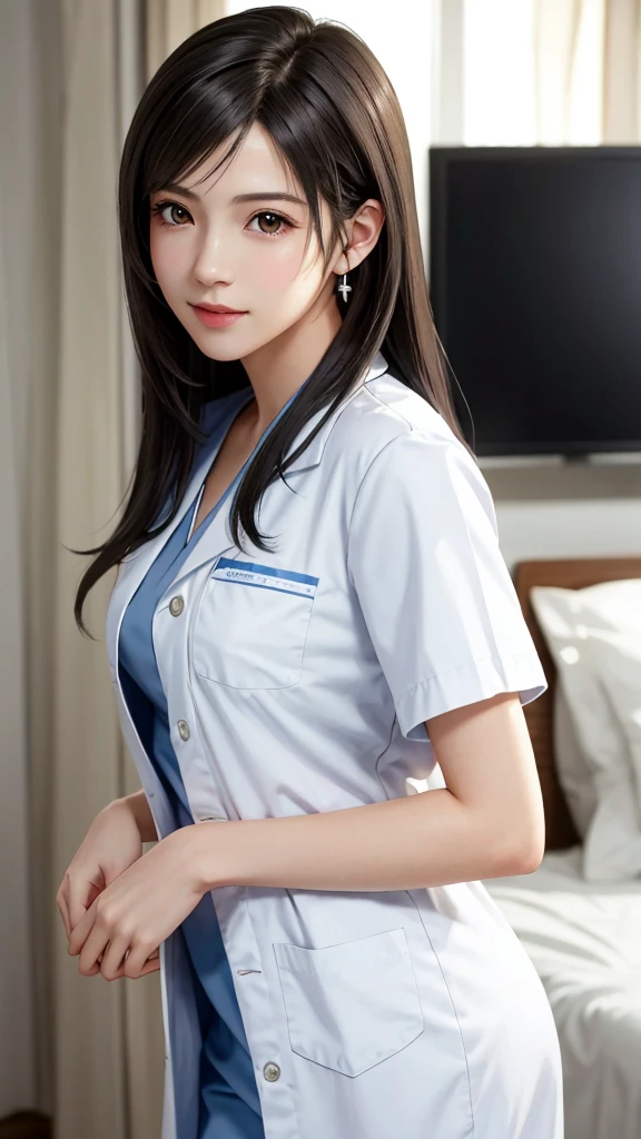 {{top quality, masterpiece}}, (Realistic: 1.3), BREAK {{{FF7,Tifa_lockhart, solo}}},(girl wearing Japanese White nursing uniform, white nurse uniform:1.3) , shirt open, (hospital, bed, indoor),(gravure pose:1.1),Ultra-detailed face, Detailed eyes, Red eyes, BREAK (((FF7,Tifa_lockhart))),(black brown hair, Large breasts: 1.0), BREAK About 18 years old, kawaii, shy:1.1,cute smiling,