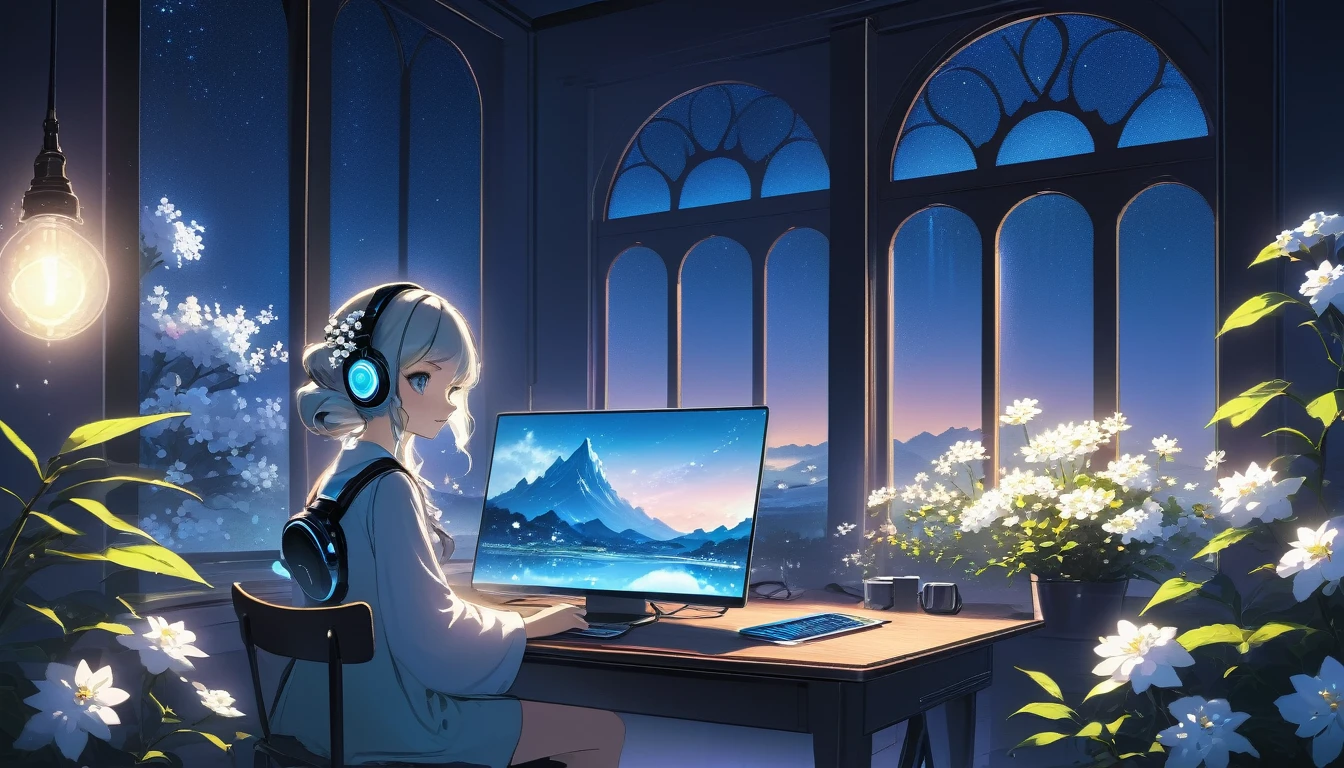 A tranquil scene unfolds in a magical laboratory setting.: A laptop with a glowing screen sits on a desk next to a large window, Showcasing a serene moonlit landscape. Blue neon lights gently illuminate the white flowers next to the tablet and PC monitor.. Vocal mic and headphones、It suggests creativity resonating in the air.. Anime style digital painting, Winner of pixiv contest, Create a cozy atmosphere, Enchanting atmosphere, A work that combines mystical realism with the charm of a fairy tale.、Captivate the audience.