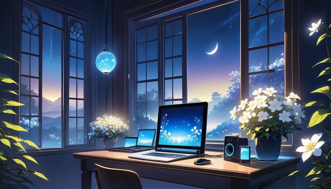 A tranquil scene unfolds in a magical laboratory setting.: A laptop with a glowing screen sits on a desk next to a large window, Showcasing a serene moonlit landscape. Blue neon lights gently illuminate the white flowers next to the tablet and PC monitor.. Vocal mic and headphones、It suggests creativity resonating in the air.. Anime style digital painting, Winner of pixiv contest, Create a cozy atmosphere, Enchanting atmosphere, A work that combines mystical realism with the charm of a fairy tale.、Captivate the audience.