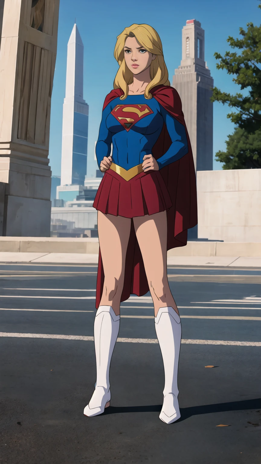 Mulher loira e bonita, Superman ao lado, forte, vestido, decote, cidade ao fundo,  noite