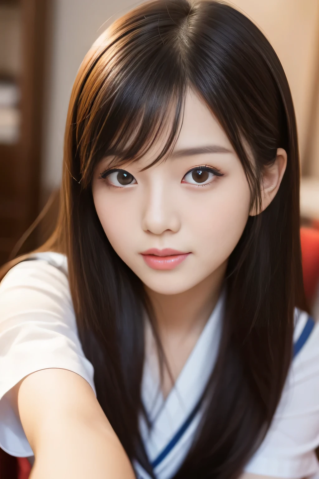 1 girl, There is a woman sitting on a chair , school girl, gorgeous young korean woman, beautiful Japanese girl, beautiful young Japanese girl, young and cute asian face, popular Japanese makeup, 8k selfie, beautiful japanese girl face, girl cute beautiful face, young and adorable Japanese face, beautiful asian girl, one adorable Japanese face, rich bust