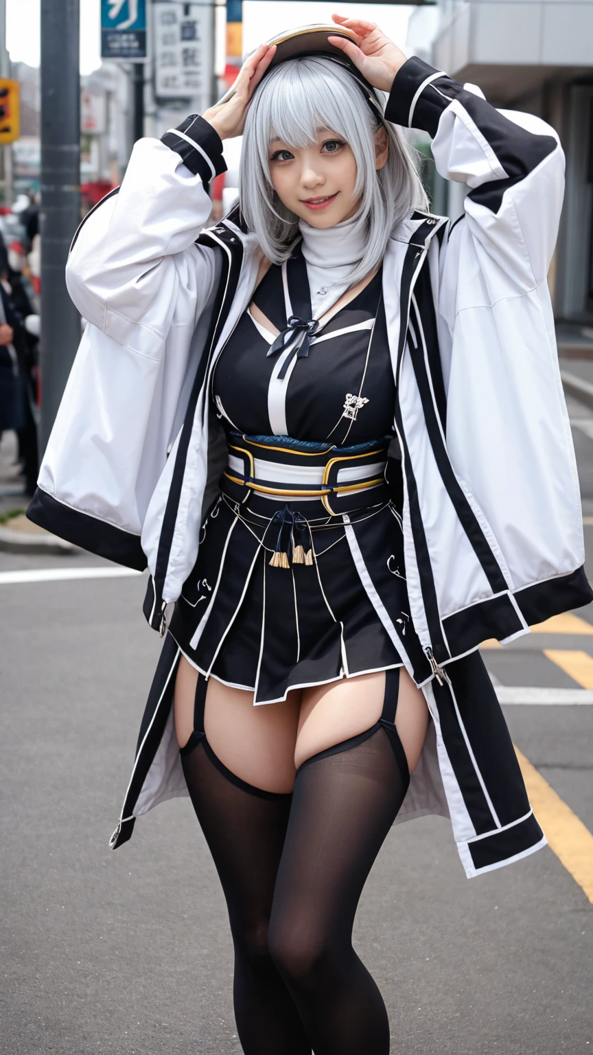 Highest quality,Very detailed,finely,High resolution,Perfect dynamic composition,((Shizuna Rem Misurugi))、whole body,Are standing、Put your hands behind your head、(Wolf Hair).、very thick legs、skirt,(Black Pantyhose)、knit,turtleneck、finelyて美しい目,Natural Lip,(Very large saggy breasts),smile,Cleavage、Larger cloth area、No hat、nsfw