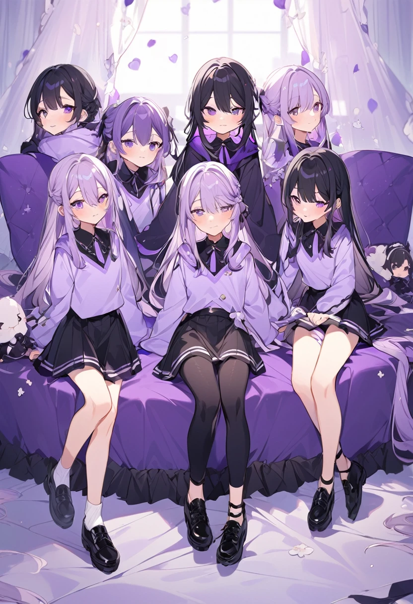 Keito。Purple hoodie。Black Skirt。Purple Eyes。Black Hair。Black shoes下。Black shoes。six sisters。They both have lavender hair。all female。Sextuplets。Purple bed