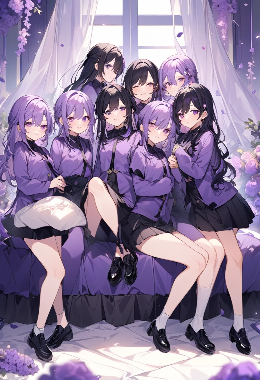 Keito。Purple hoodie。Black Skirt。Purple Eyes。Black Hair。Black shoes下。Black shoes。six sisters。They both have lavender hair。all female。Sextuplets。Purple bed