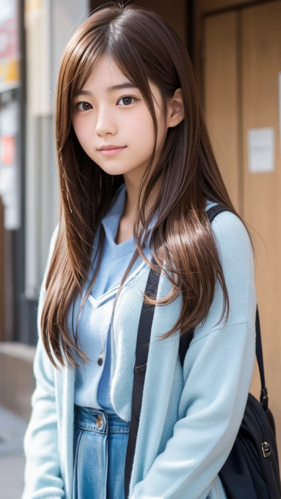 There is a Japanese high school student who looks like a grown-up.。Beautiful brown hair, center-parted, semi-long。I'm wearing a swimsuit。