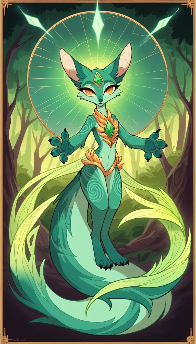 This magical creature, an anthropomorphic fox, stands with an elegant, lithe form against the backdrop of a dark forest. Its fur, a striking blend of fiery orange and deep crimson, glows with an ethereal shimmer, casting a soft light amidst the shadows of the towering trees. Intricate, swirling patterns of silvery-white and midnight blue adorn its body, forming mesmerizing, mystical designs that seem to shift and flow as it moves. Its eyes, large and expressive, are a captivating shade of emerald green, flecked with gold, exuding wisdom and mystery. Long, graceful ears taper to fine points, adorned with tufts of soft, velvety fur. A bushy, flowing tail trails behind it, the silvery-white patterns continuing in a beautiful cascade. Delicate paws are tipped with sharp, obsidian-black claws, contrasting with the vibrant fur. This enchanting fox, framed by the dark, dense foliage of the forest, exudes an aura of ancient magic, its appearance a breathtaking blend of natural beauty and otherworldly allure.