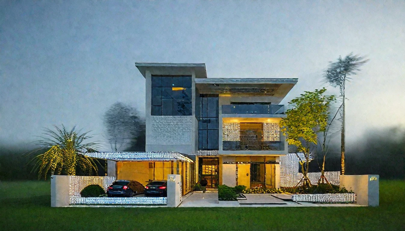 arafed house with a car parked in front of it, contemporary house, realistic architecture, large modern residence, concept house, modern house, precise architectural rendering, architectural render, inter dimensional villa, architectural visualization, award-winning render, overall architectural design, architectural 3 d render, render to resolute perfection, one house, architectural visualisation, exterior design