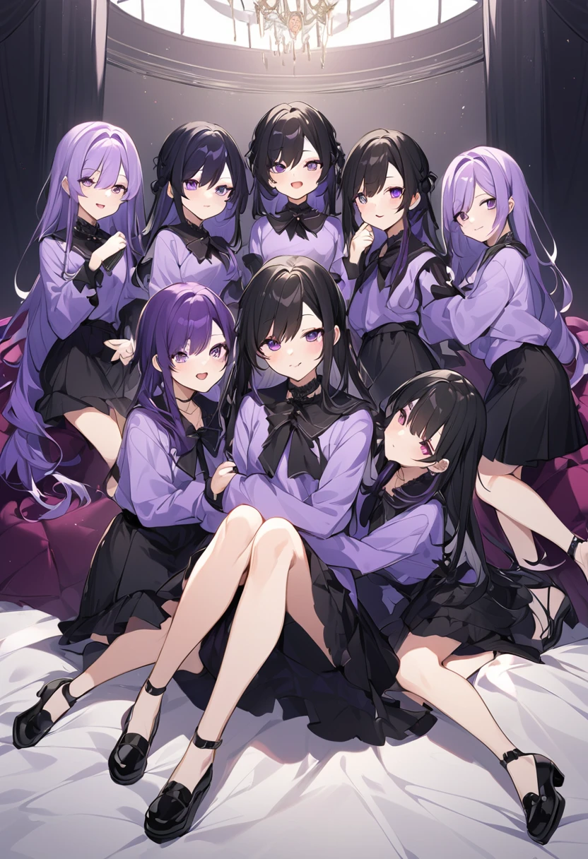 Keito。Purple hoodie。Black Skirt。Purple Eyes。Black Hair。Black shoes下。Black shoes。six sisters。They both have lavender hair。all female。Sextuplets。Purple bed