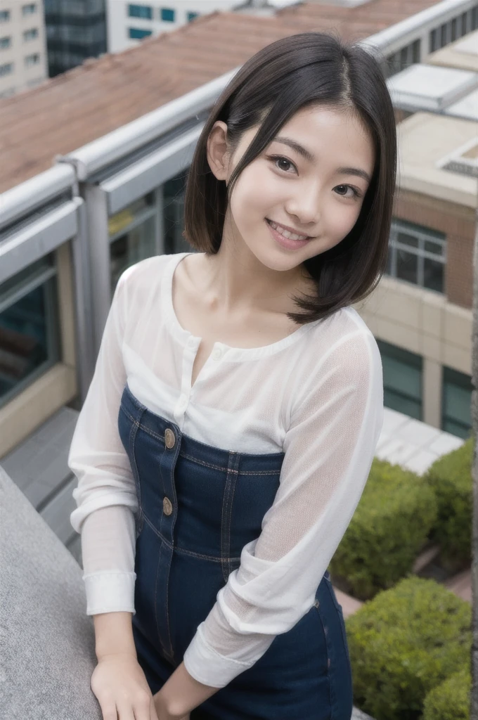 best quality, masterpiece, RAW photo,ultra-detailed,Korean 1girl ,looking at viewer, smile,rooftop, from above, city, casual,