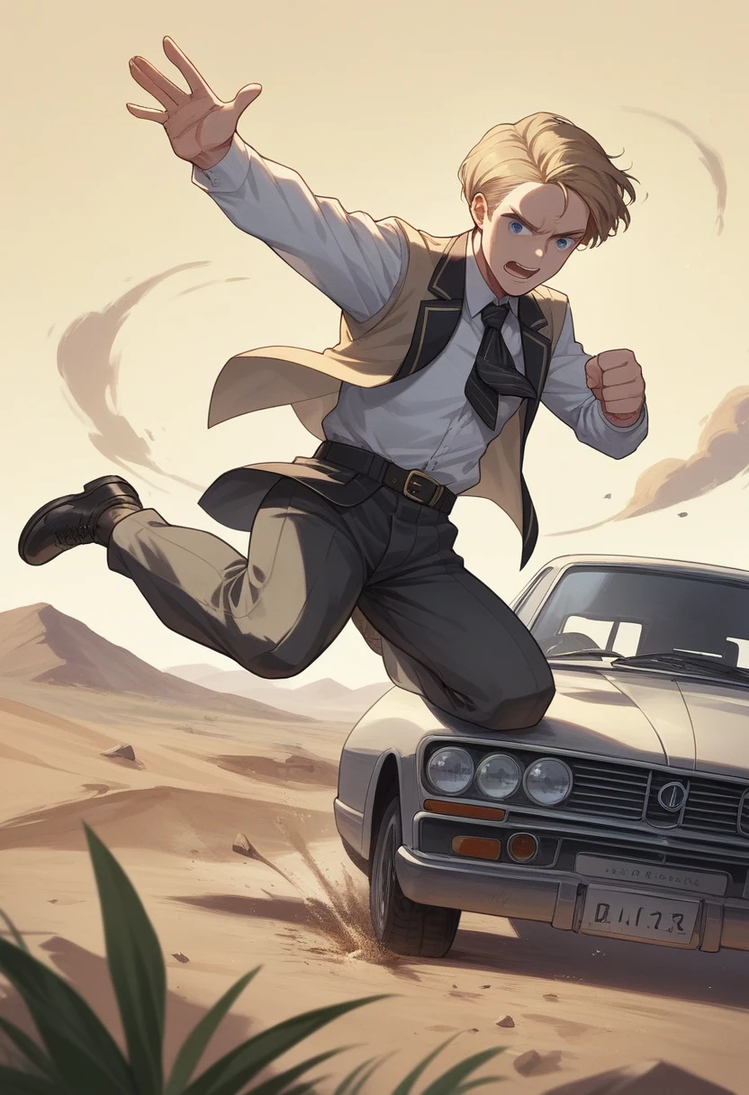 Generates an action scene divided into two shots of the same vehicle. In the first shot, shows a military off-road vehicle chasing a black Mercedes across a vast desert, kicking up dust and performing aggressive maneuvers. On the second take, focuses on the black Mercedes from a closer perspective, highlighting the driver's tension while dodging dunes and rocks, with the military vehicle in the background. The chase is intense, with both vehicles moving fast and the dramatic atmosphere of the desert on the horizon.