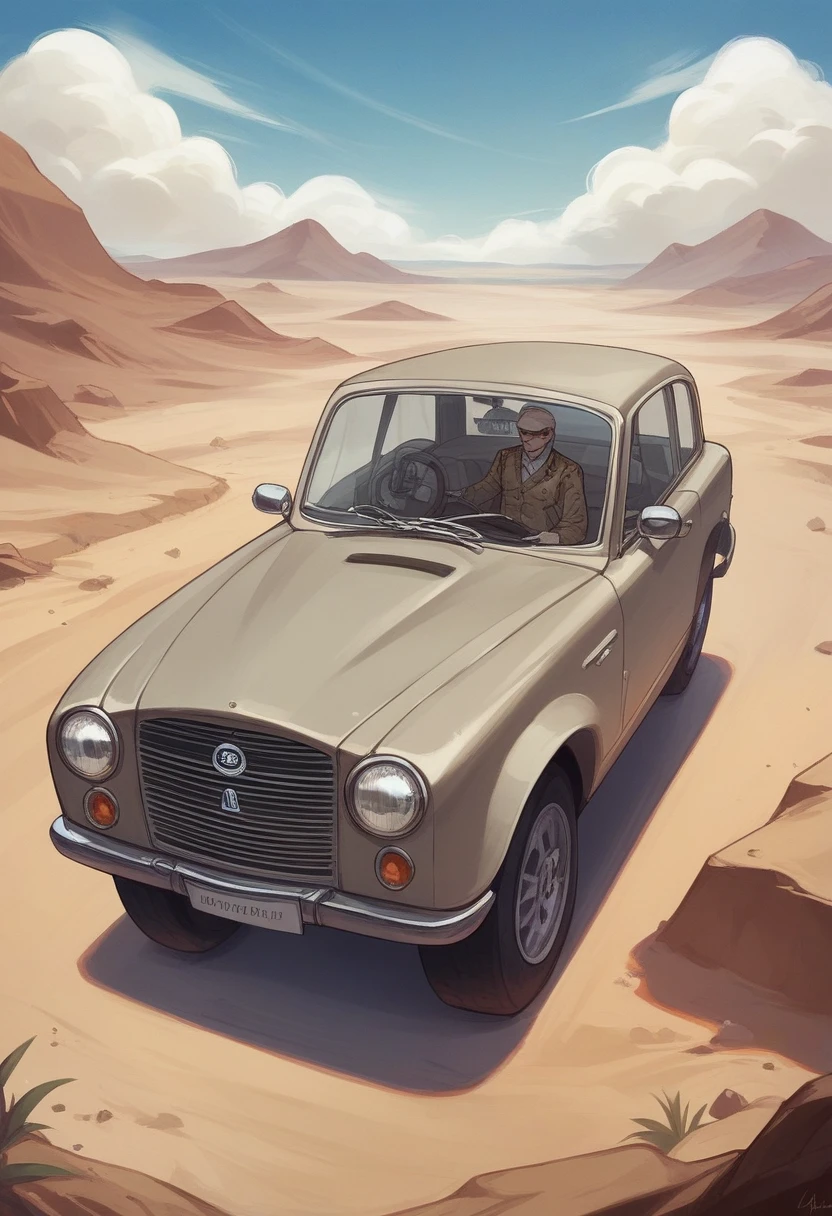 Generates an action scene divided into two shots of the same vehicle. In the first shot, shows a military off-road vehicle chasing a black Mercedes across a vast desert, kicking up dust and performing aggressive maneuvers. On the second take, focuses on the black Mercedes from a closer perspective, highlighting the driver's tension while dodging dunes and rocks, with the military vehicle in the background. The chase is intense, with both vehicles moving fast and the dramatic atmosphere of the desert on the horizon.