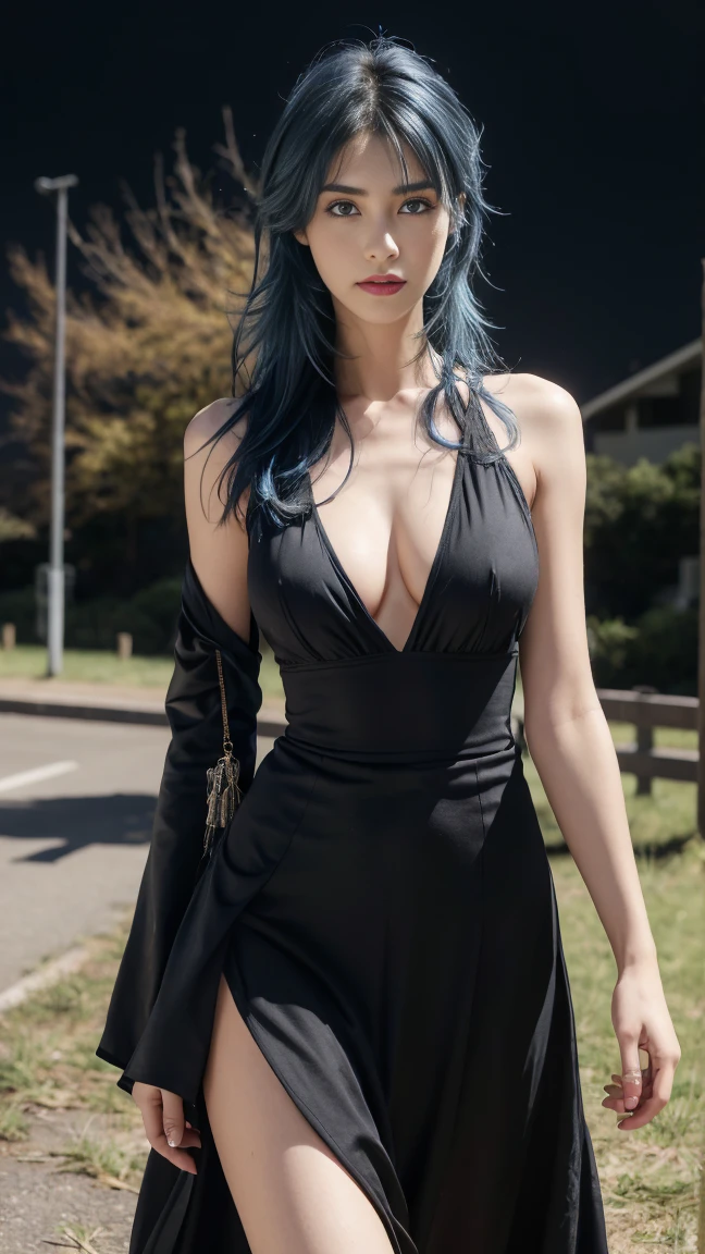 8K, Top Quality, Intricate Details, Ultra Detail, Ultra High Resolution, Masterpiece, close up shot, (full body: 1.1), Slender, Smile, (Makeup: 0.4), ,(( blue hair, bangs, short hair, blue eyes, long hair)), (Fluffy Eyes: 1.21), (()), 1girl, solo, 1 girl, (()), close up shot, , ((tall)), (((fit body))), (((slim face))), sharp face, (( maxi dress,((,wind blow, strong wind, wind blow hair , wind blow , wind blow , wind blow skirt, wind blow maxi dress )),maxi dress, skin tight maxi dress)) ,, cleavege, crotch)) ,(detailed face), sharp face, small lips, , ,((walking pose,walk pose )) ,, ,
((,no bra, braless )), , ((wind blow, strong wind, wind blow hair )), detailed face, detailed breast, large breast ,huge breast, detail nipples ,, Narrow Waist, Skinny, tall , 190 cm tall, Muscular, Navel, Exposed Abdomen, Pointed Chest,, Beautiful girl with accentuated slender abs: 1.4, Six Pack Abs: 1.4, , Perfect Body, detail legs, (( dark background)), black background,