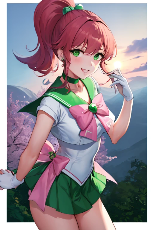 masterpiece, Highest quality, High resolution, Ham Jupiter, Green Eyes, ponytail, tiara, jewelry, Sailor Warrior Uniform, Green sailor collar, choker, Elbow hand pockets, White gloves, Pink ribbon, brooch, leotard, Green Skirt, Cowboy Shot, Are standing, Field, smile, Open your mouth,