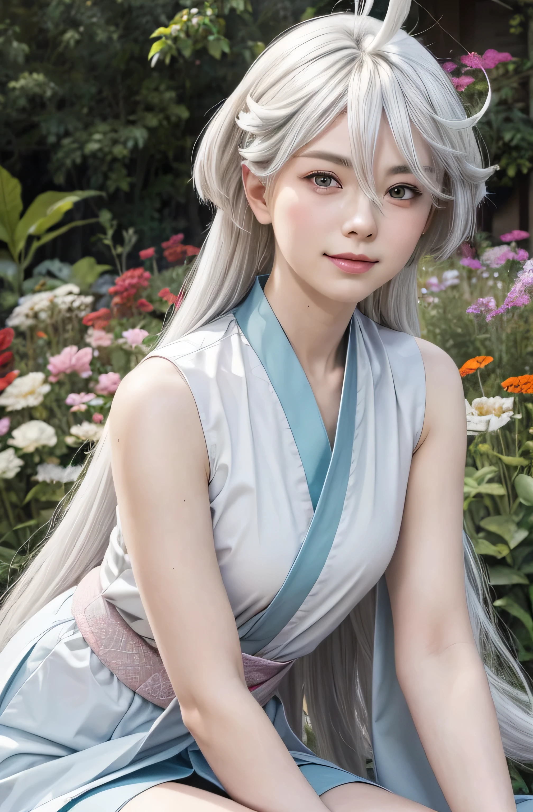 masterpiece, best quality, (realistic,photo-realistic:1.4), (RAW photo:1.2), extremely detailed CG unity 8k wallpaper, delicate and beautiful, amazing,finely detail, official art, absurdres, incredibly absurdres, huge filesize, ultra-detailed,extremely detailed eyes and face,light on face,miorine rembran,(little smile),(white hair:1.4),(long hair:1.4),(wearing sleeveless kimono:1.4),(nature background),(ahoge:1.5)