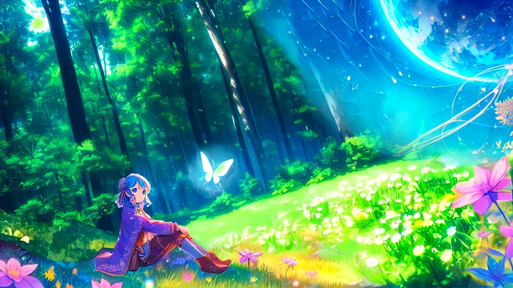 cartoon女孩坐在草地上,There are flowers and butterflies, cartoon lush john 8k woods, cartoonbeautifulPeace场景, cartoon 大自然 壁纸, cartoon艺术壁纸 8k, cartoon艺术壁纸 4k, cartoon艺术壁纸4k, beautifulfantasycartoon, Shinkai Makoto Cyril Rolando, beautifulcartoon场景, cartoon背景 art, beautifulcartoon场景ry, cartoon背景,forest,Green lawn,early spring,Vibrant,Everything races,Tiny、Dressed in purple、Chemist boy,Sitting on the lawn,look up,One,beautiful,small butterfly、Peace,Sunlight,Elemental magic、blue,fantasy、cartoon、ground、Earth、Second Dimension,Volumetric Light,warm light,Soft colors,Vision,broad、Second Dimension