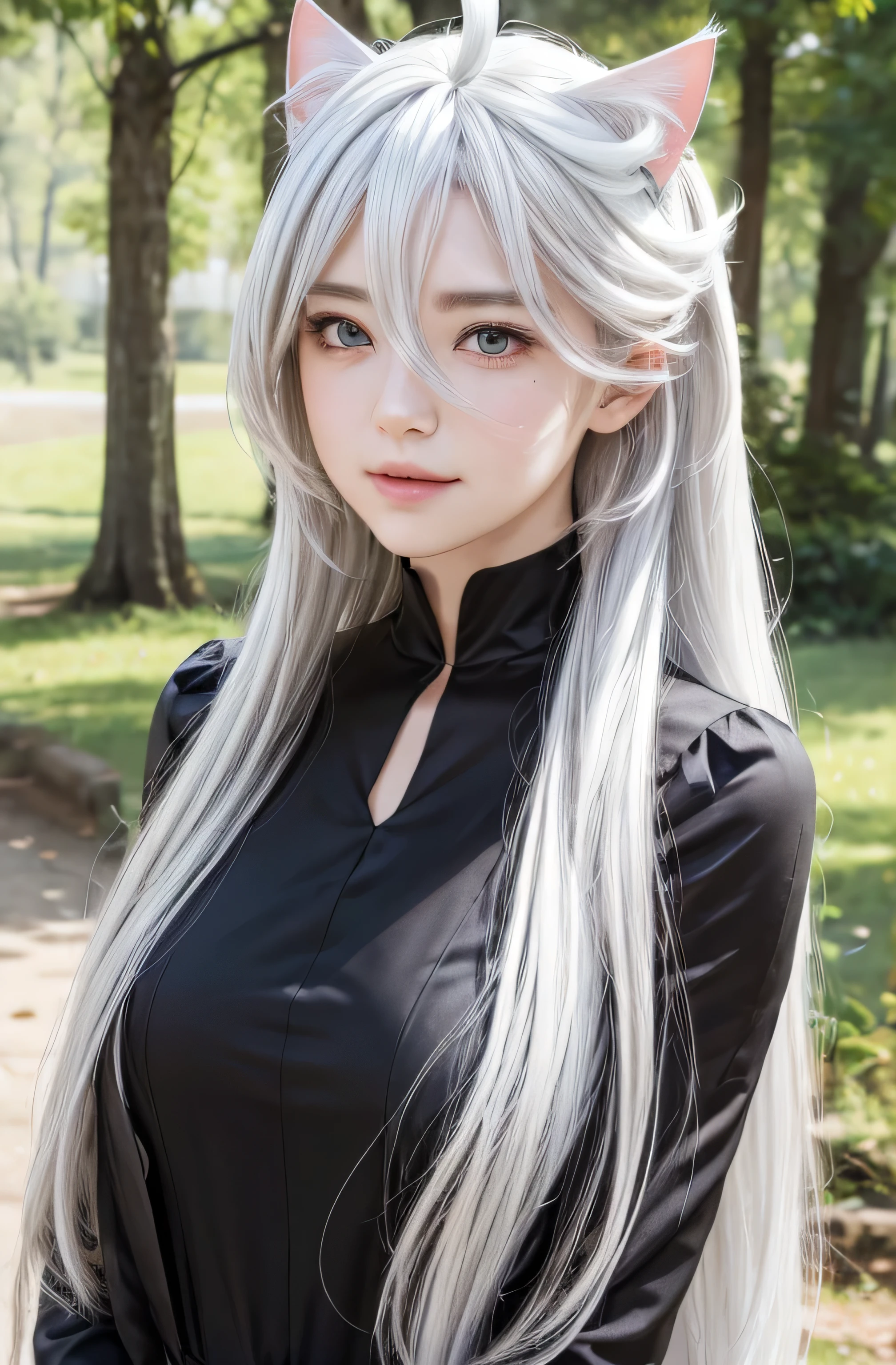 masterpiece, best quality, (realistic,photo-realistic:1.4), (RAW photo:1.2), extremely detailed CG unity 8k wallpaper, delicate and beautiful, amazing,finely detail, official art, absurdres, incredibly absurdres, huge filesize, ultra-detailed,extremely detailed eyes and face,light on face,miorine rembran,(little smile),(white hair:1.4),(long hair:1.4),(wearing dress:1.4),(nature background),(ahoge:1.5),(cat ears:1.4)