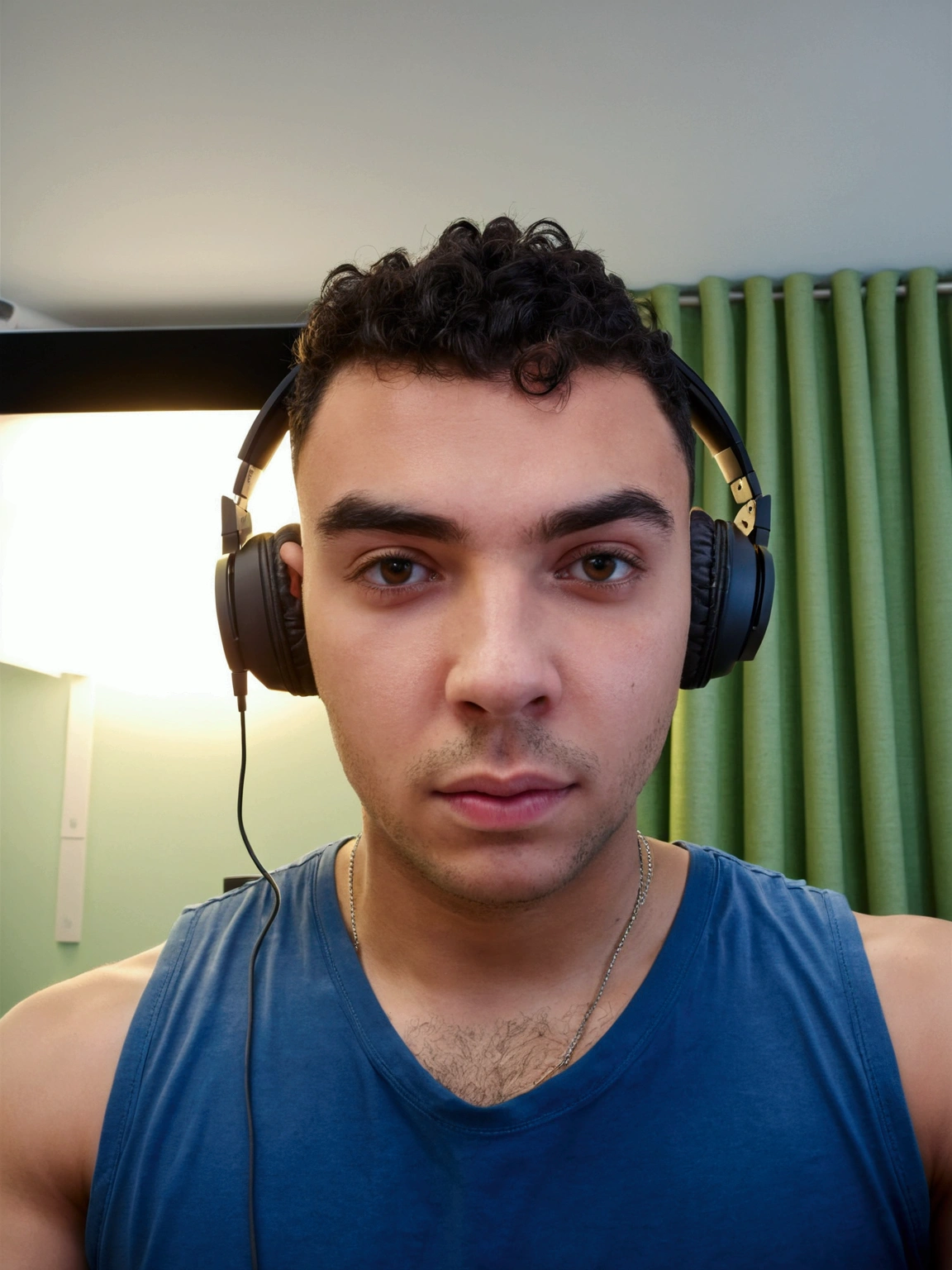 Youtuber headphones in front of computer  